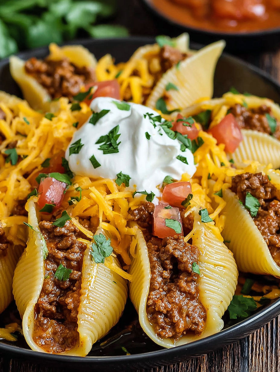 A bowl of taco stuffed shells with cheese and tomatoes.