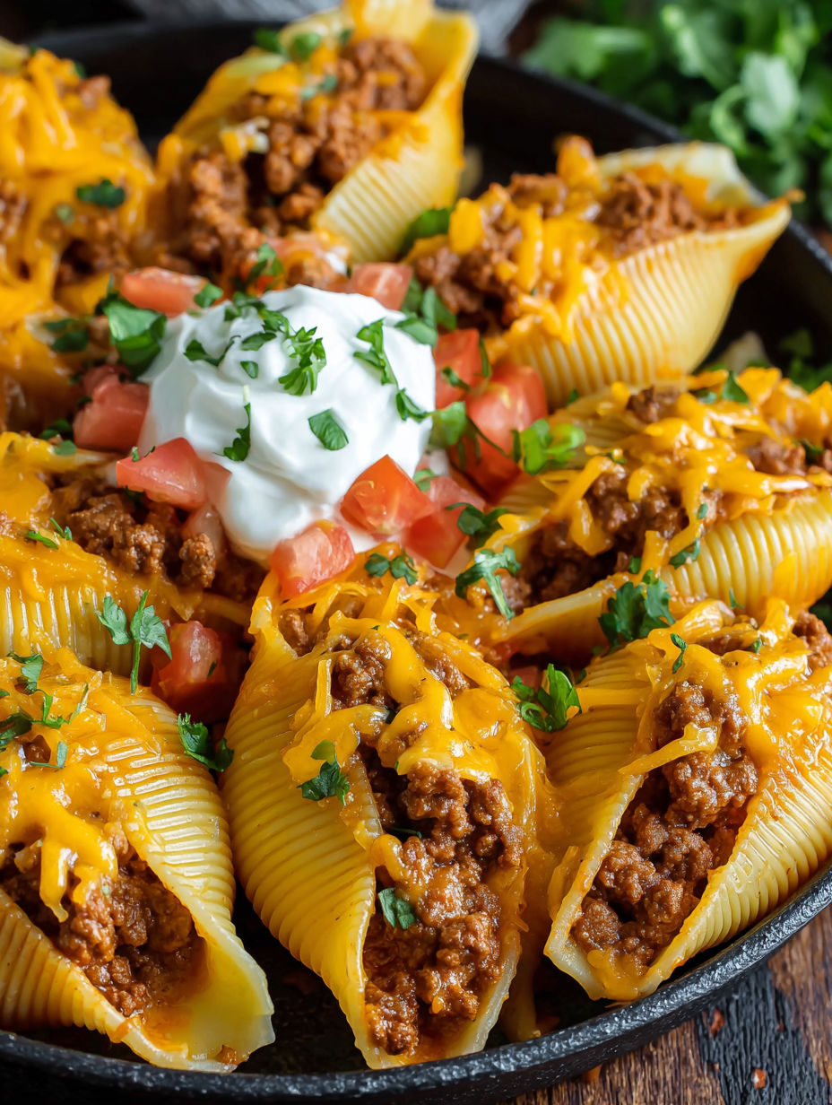 A plate of taco stuffed shells with cheese and tomatoes.