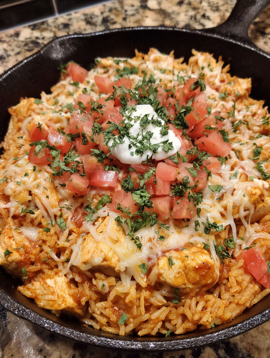 A close up of a cheesy chicken taco rice dish.