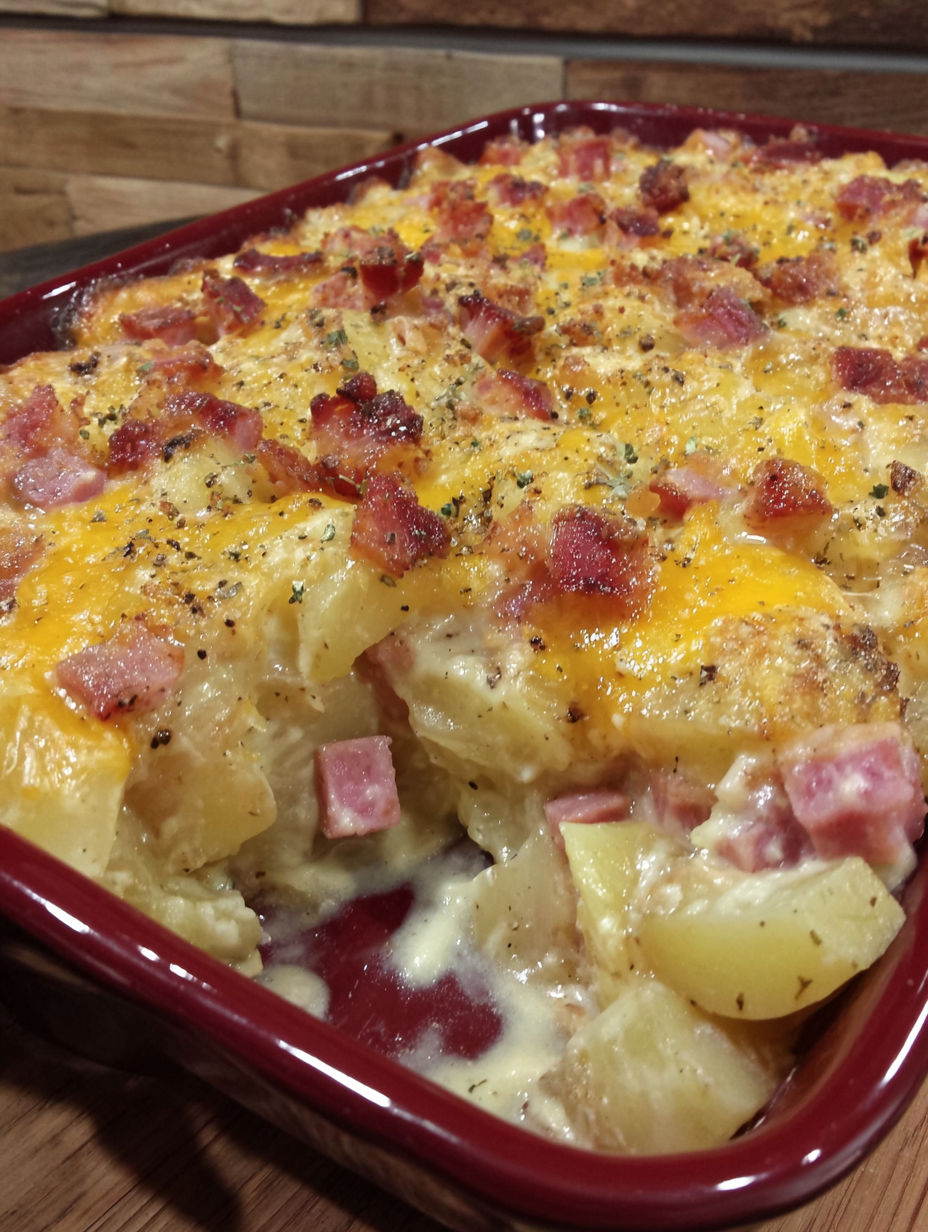 A close up of a cheesy ham potato casserole.