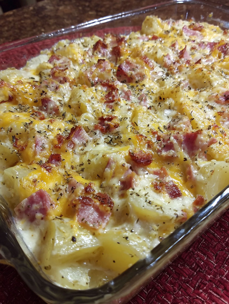 A cheesy ham potato casserole in a glass dish.