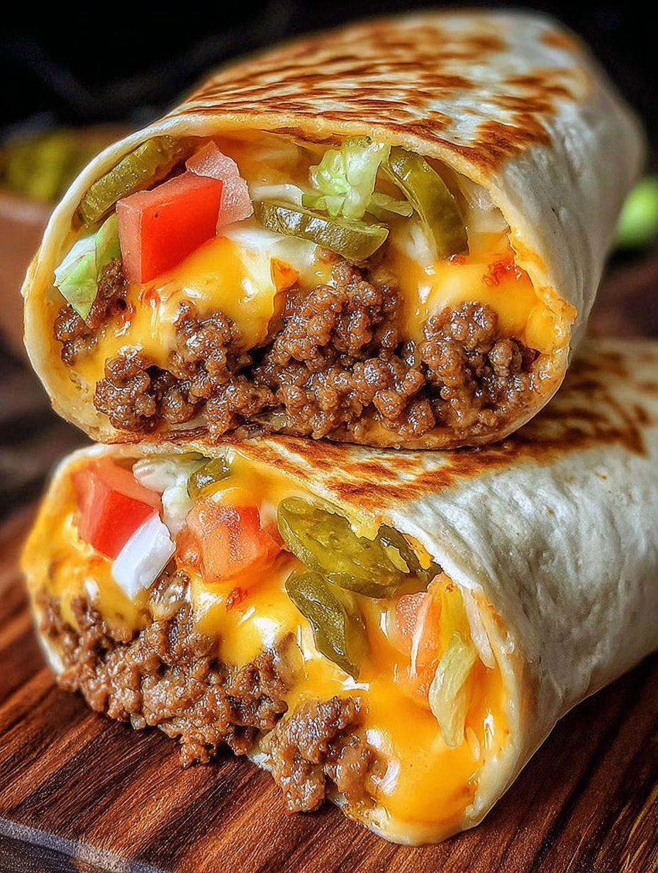 Two cheeseburger wraps with tomatoes and jalapenos.