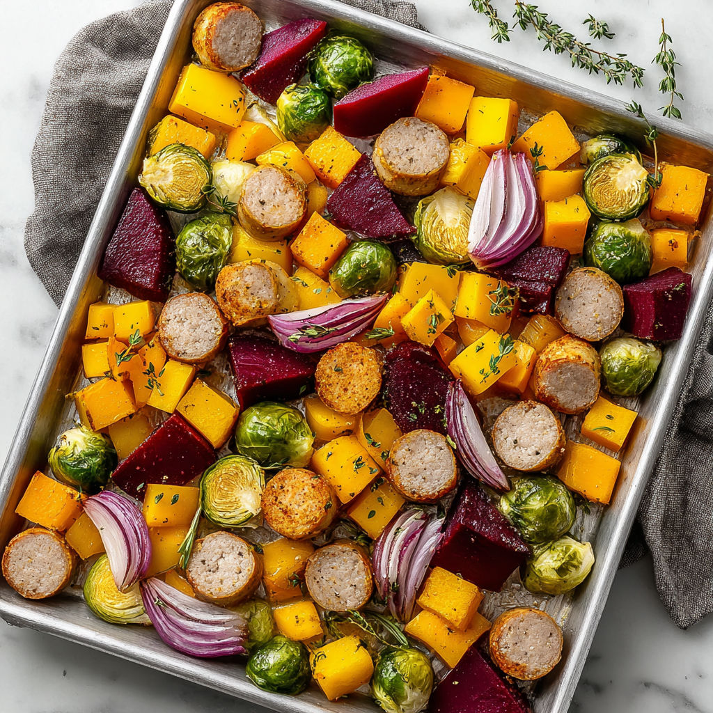 A pan of roasted vegetables and sausage.
