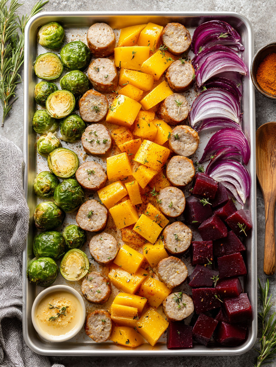 A variety of vegetables and meat on a sheet pan.