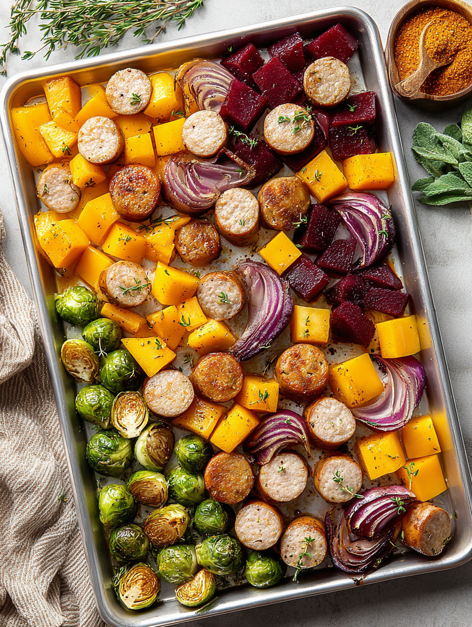 A pan of roasted vegetables and sausage.