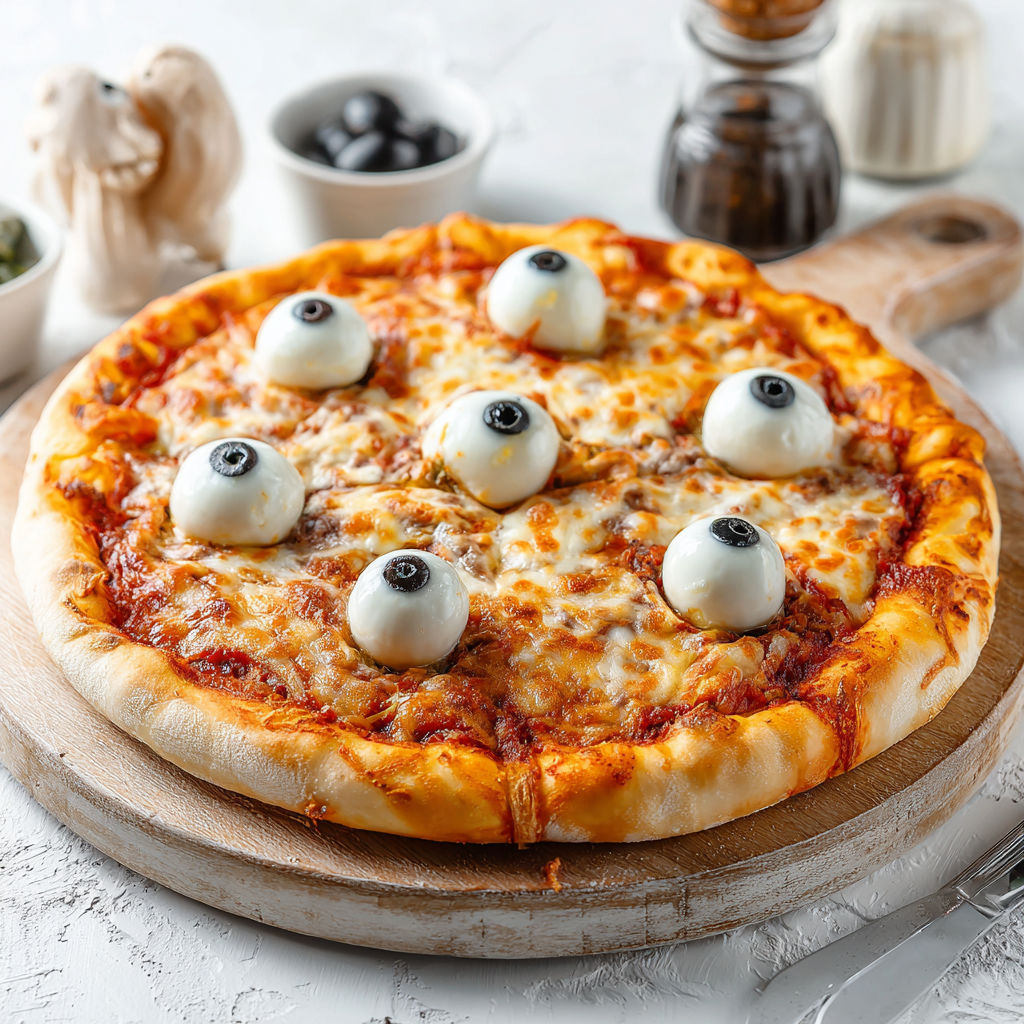 A pizza with monster eyeball toppings.