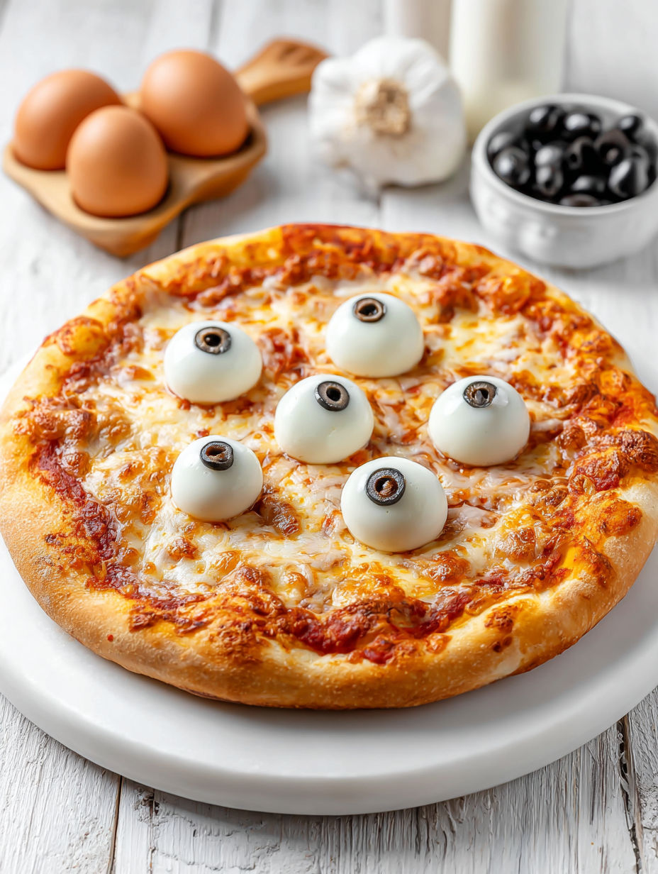 A pizza with eyeball toppings.