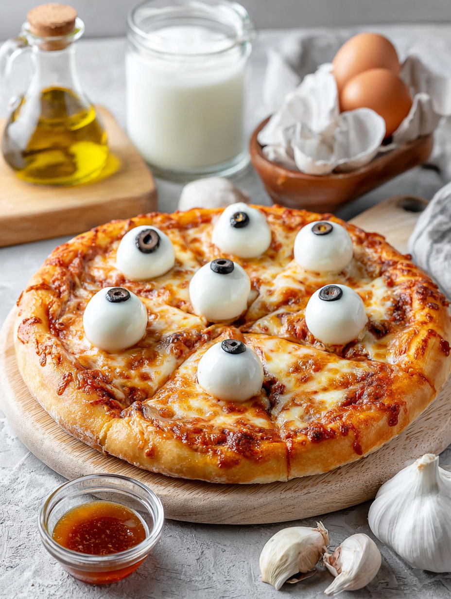 A pizza with eyeballs on it.