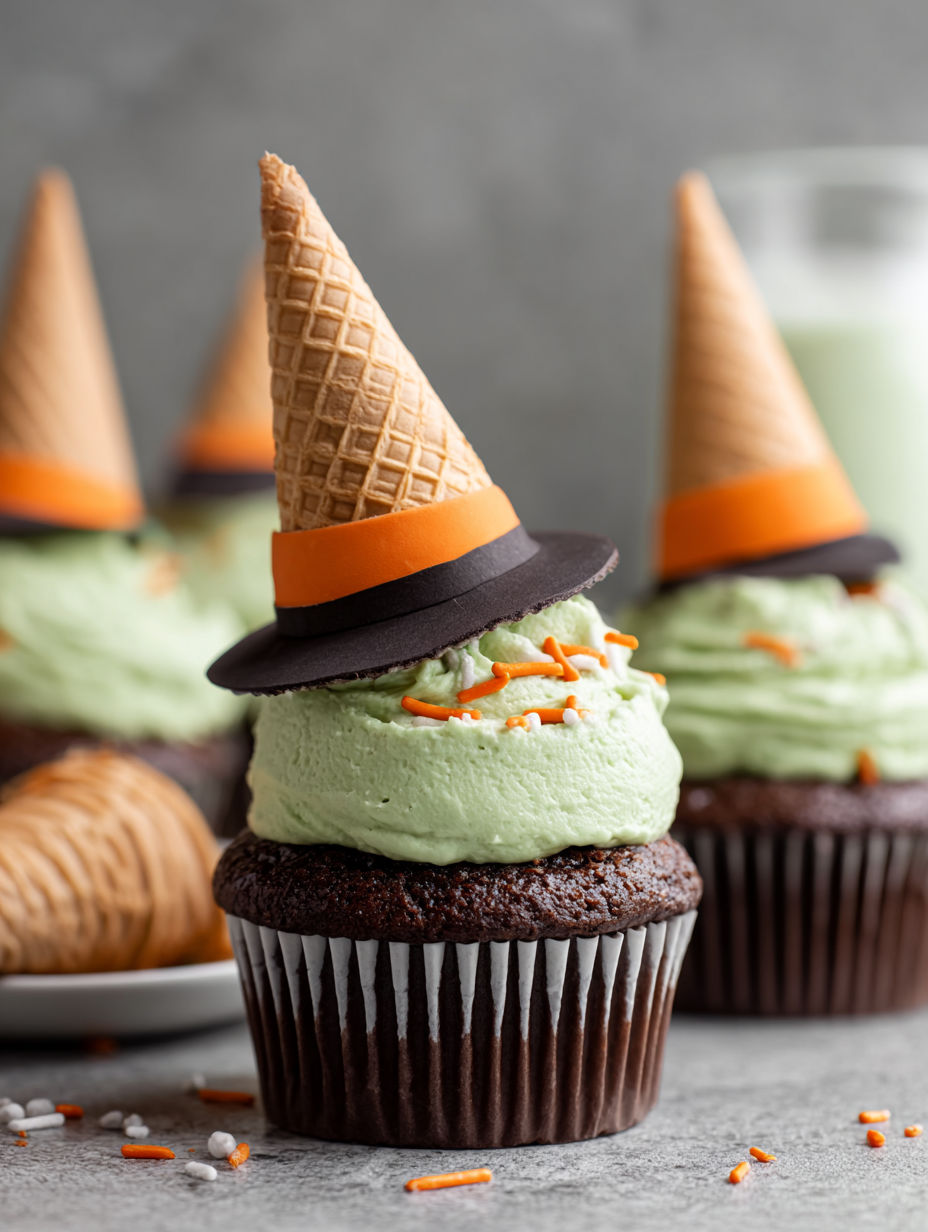 Cupcakes with witch hats on them.