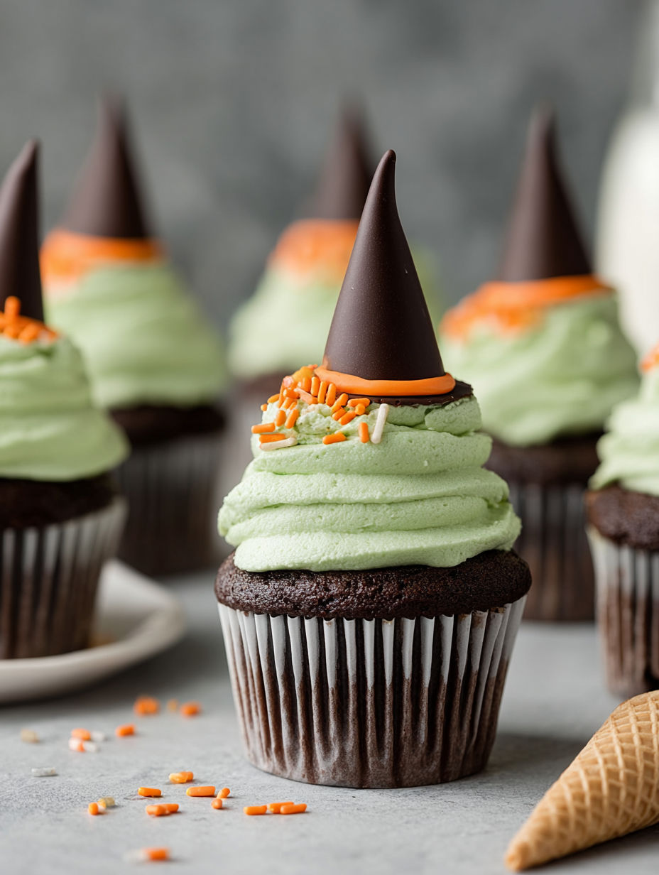 Cupcakes with wicked witch hats on top.