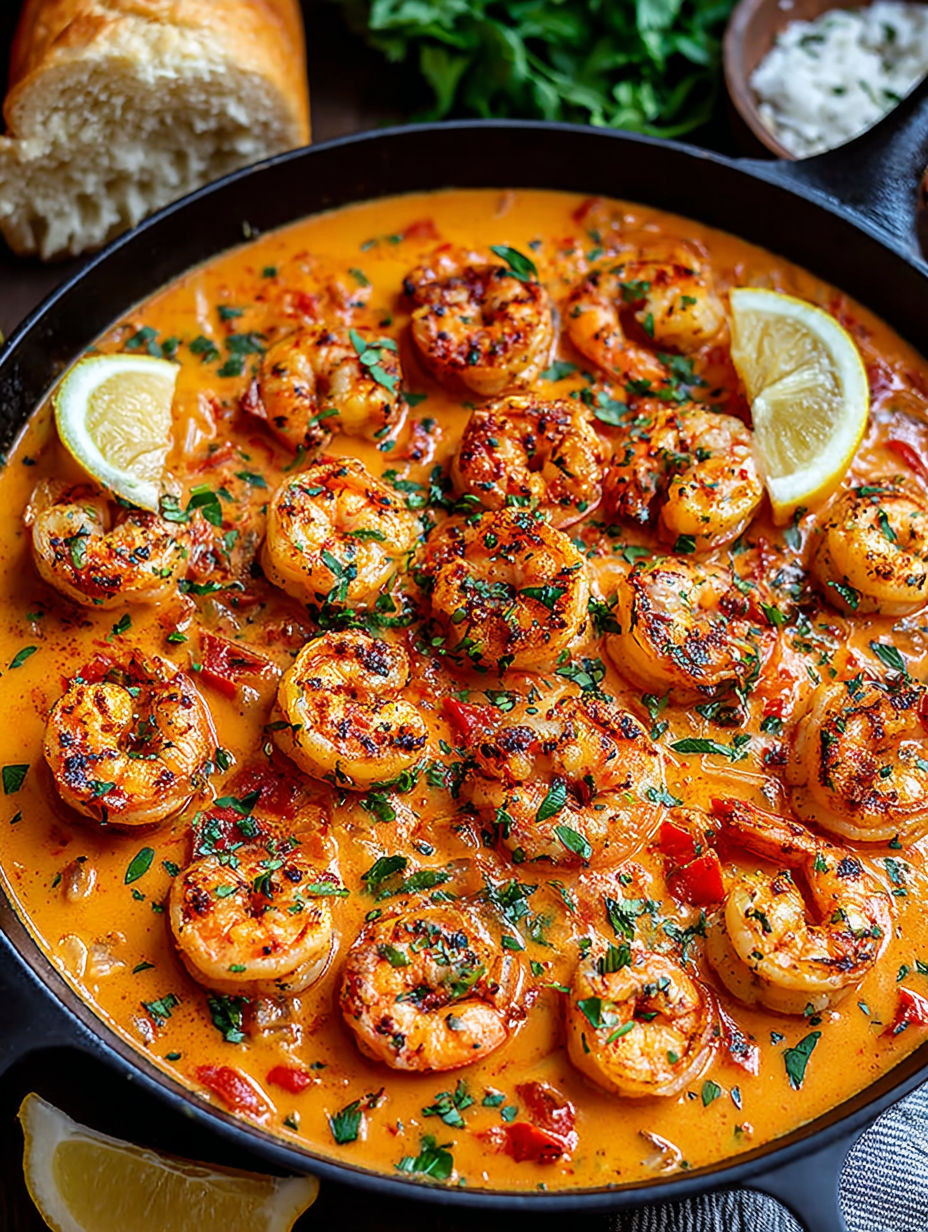 A bowl of shrimp with garlic, paprika, and lemon.