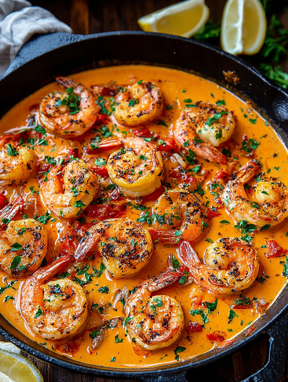 A dish of shrimp with a creamy garlic paprika sauce.