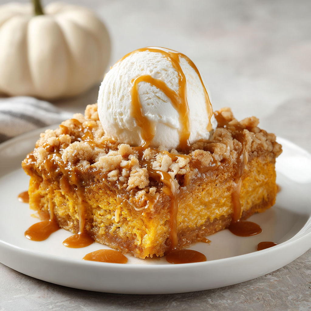 A slice of pumpkin dump cake with caramel sauce drizzled on top.