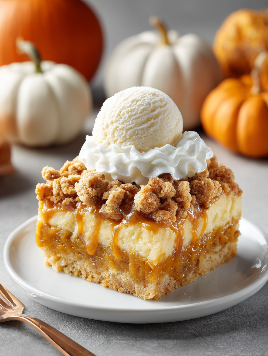 A slice of pumpkin dump cake with whipped cream on top.