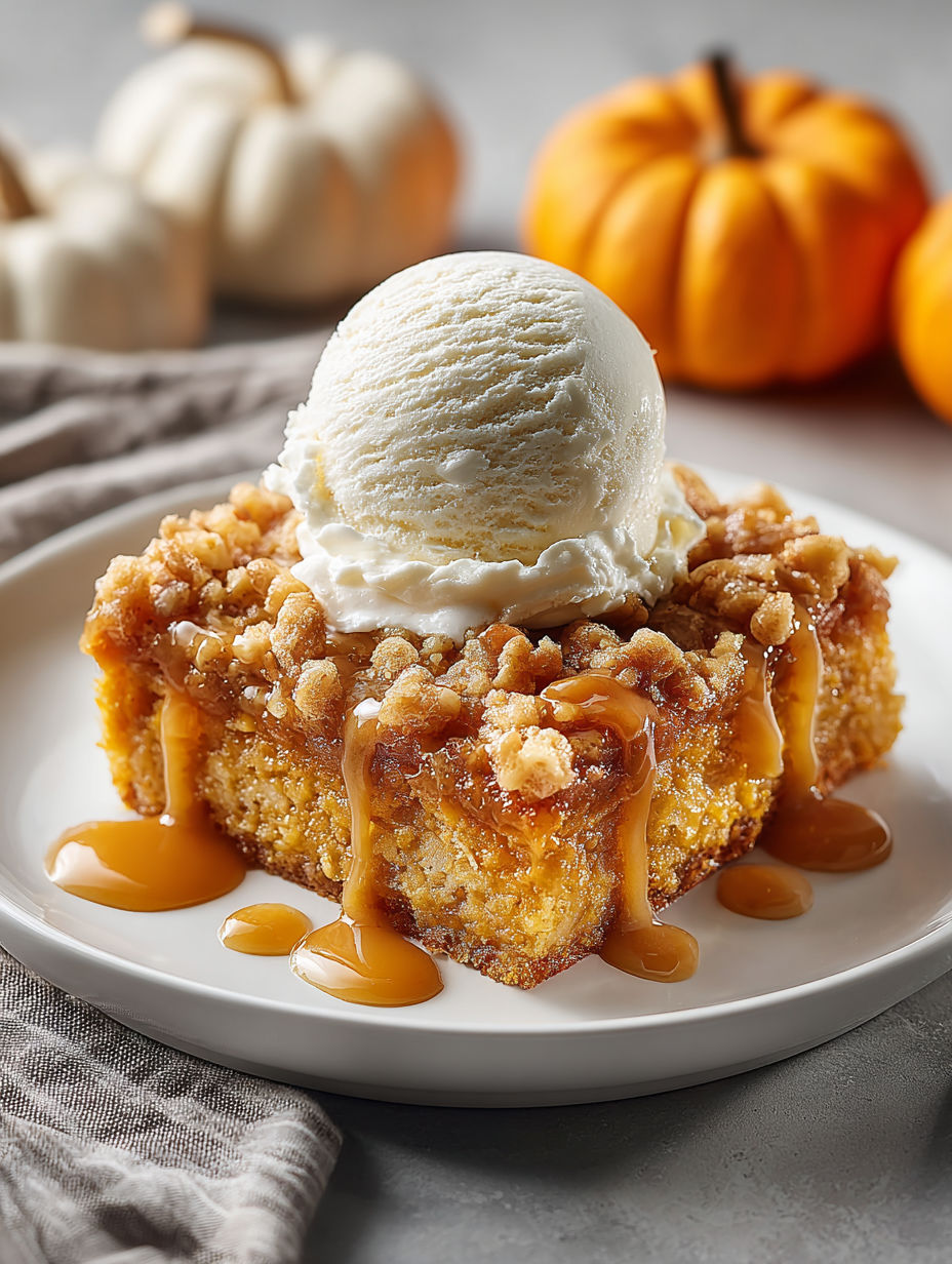 A slice of pumpkin dump cake with a scoop of ice cream on top.