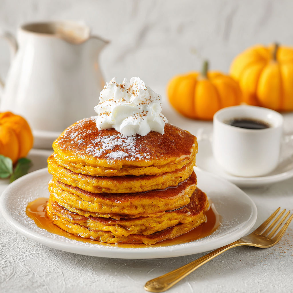 Fluffy pumpkin pancakes with whipped cream.