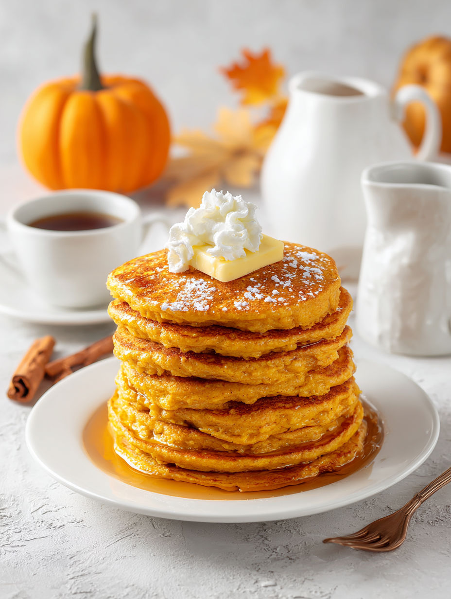 A stack of pancakes with butter and syrup on top.