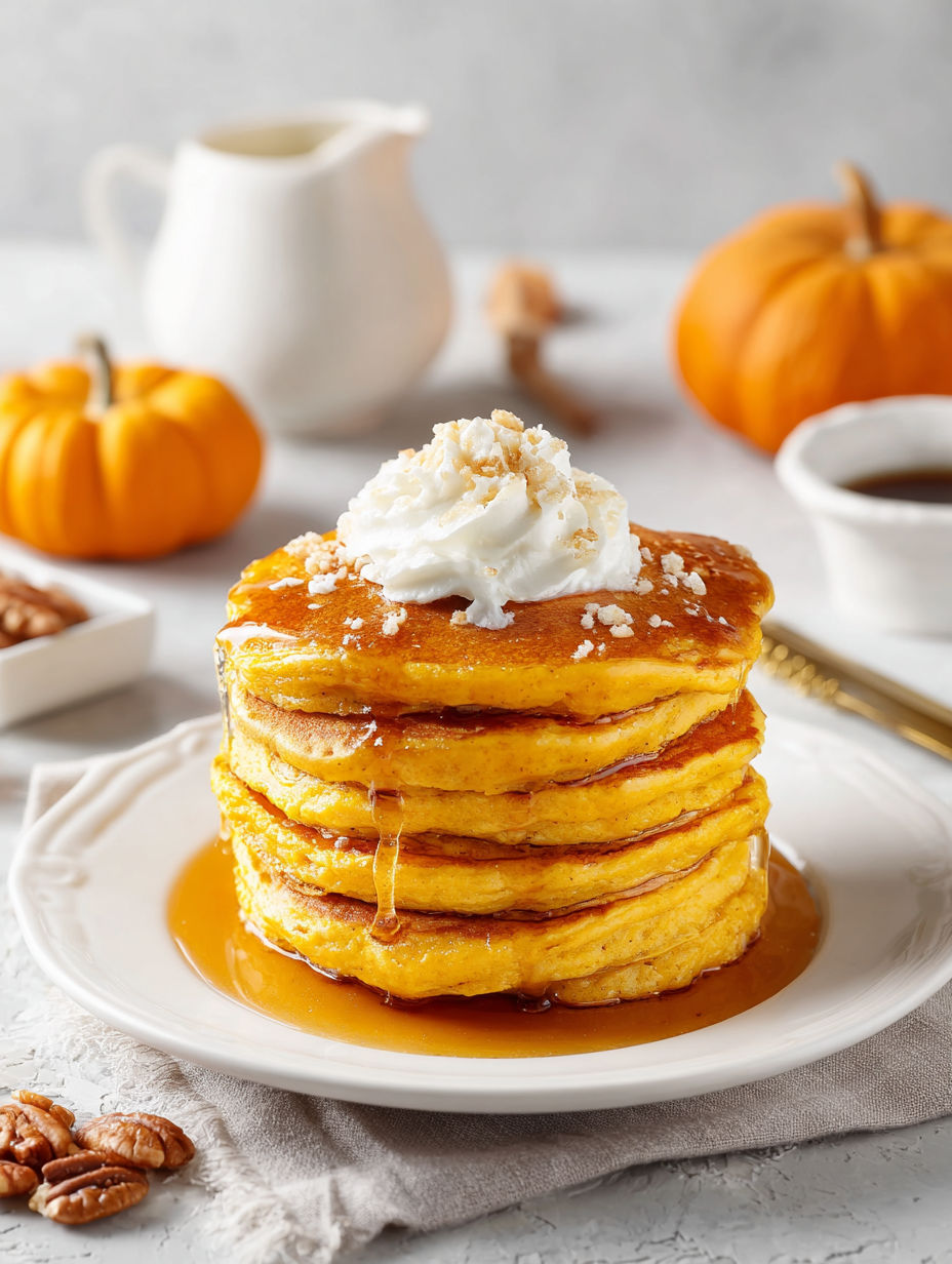 A stack of pancakes with whipped cream on top.