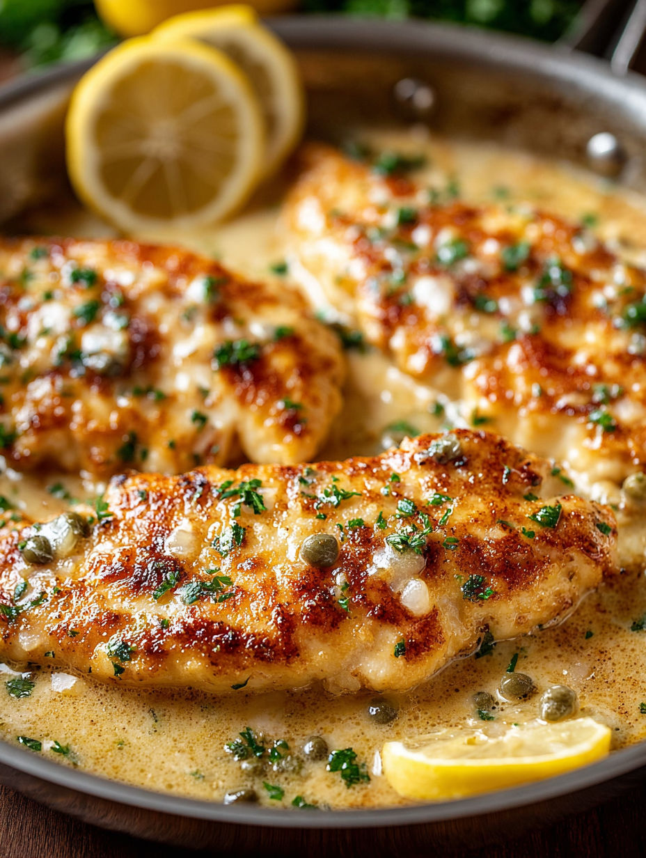 A dish of chicken scallopini with lemon and herbs.