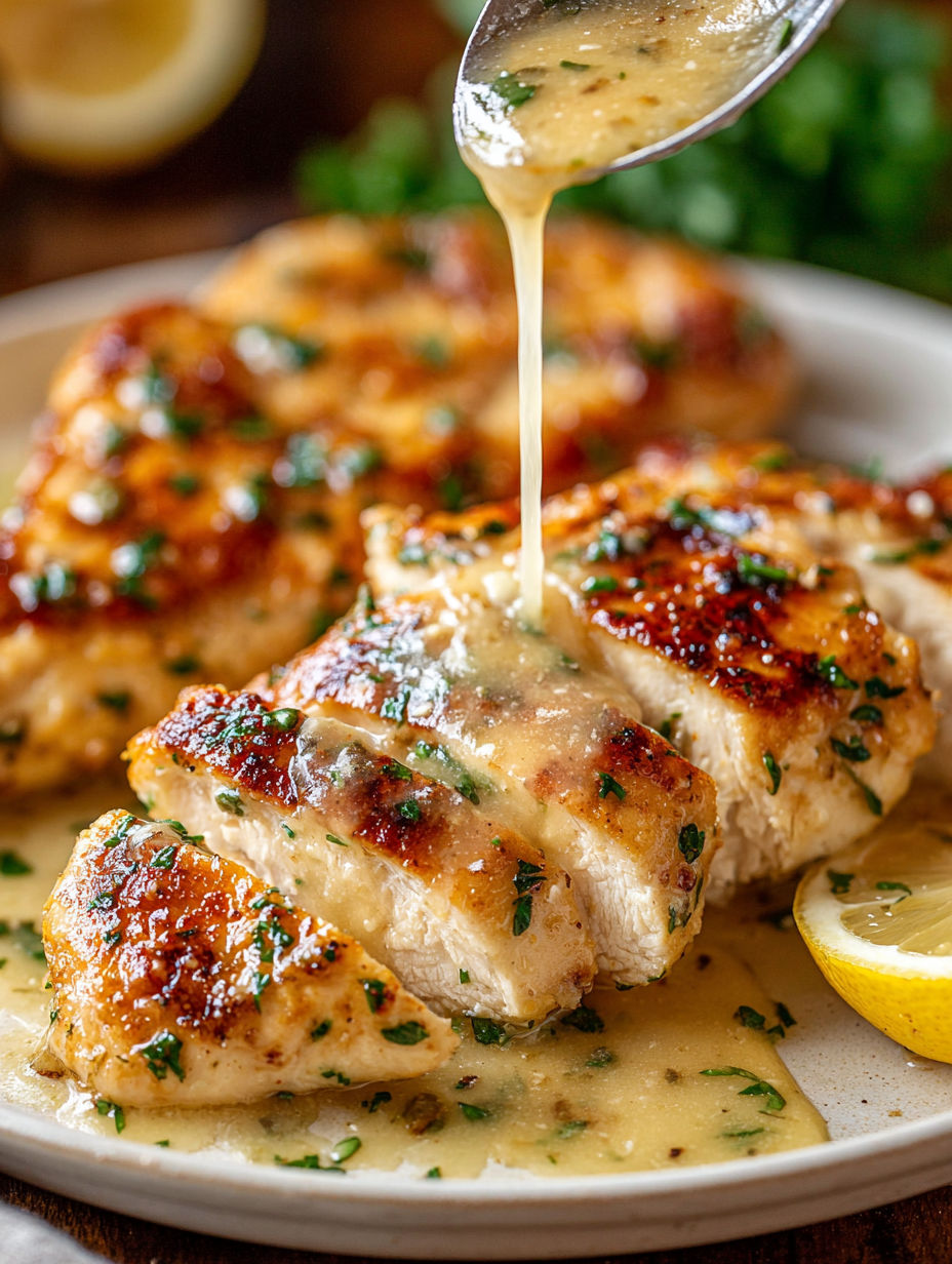 A plate of chicken scallopini with a lemon wedge on top.