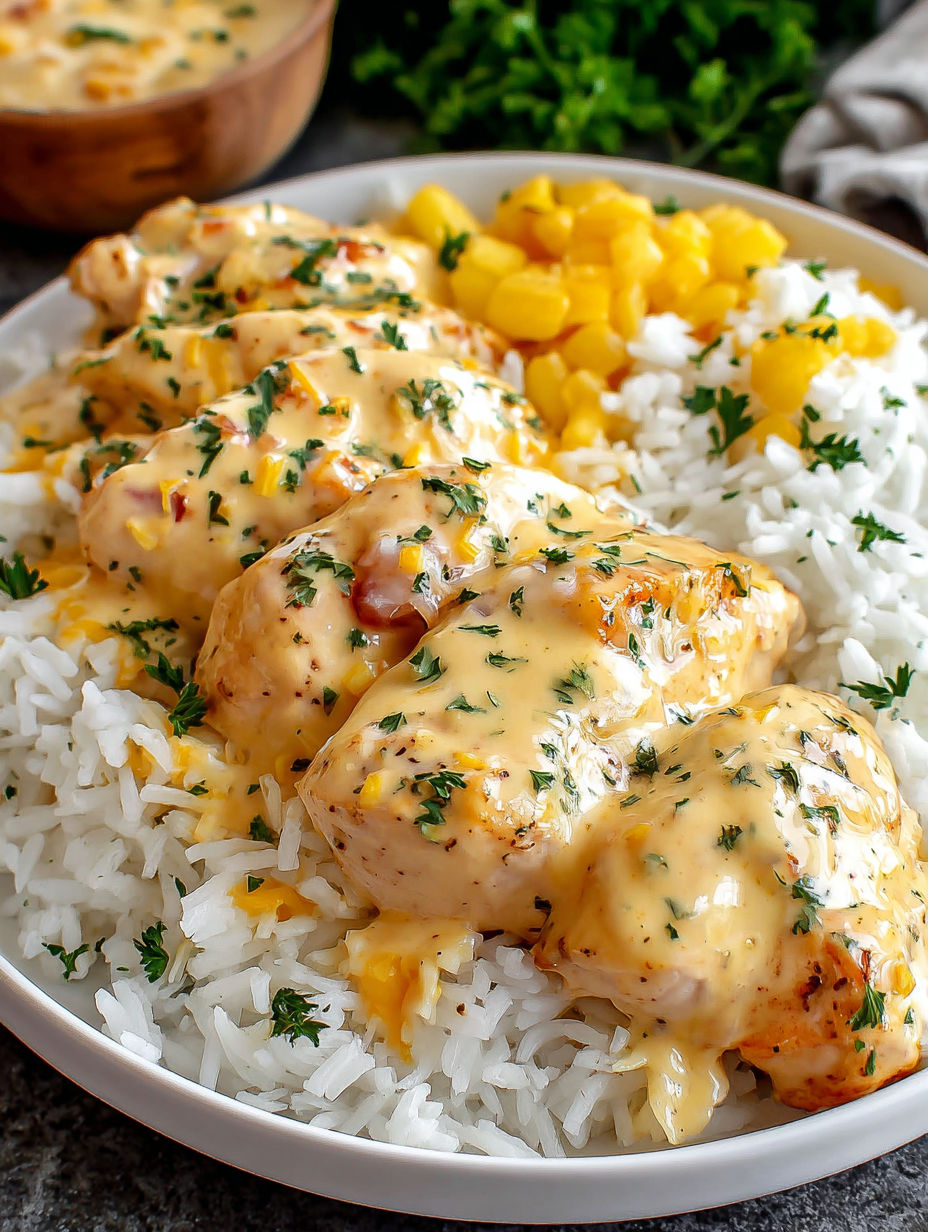 A plate of rice with chicken and cream.