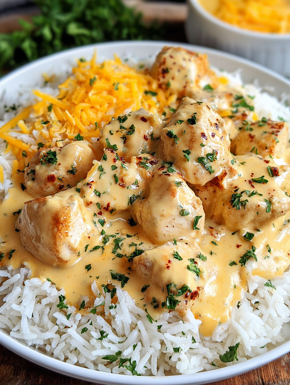 A plate of rice with chicken and cheese.