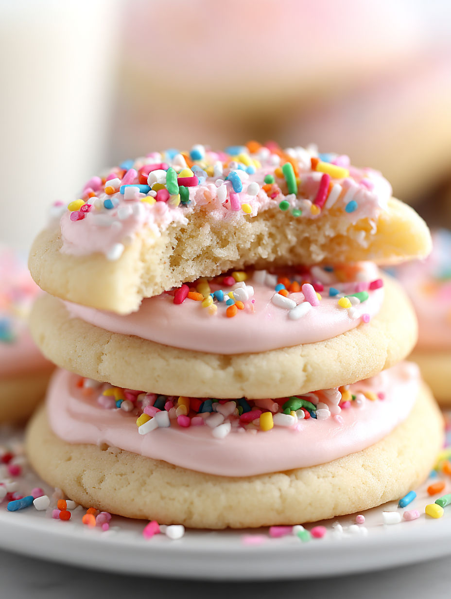 A stack of frosted sugar cake cookies.
