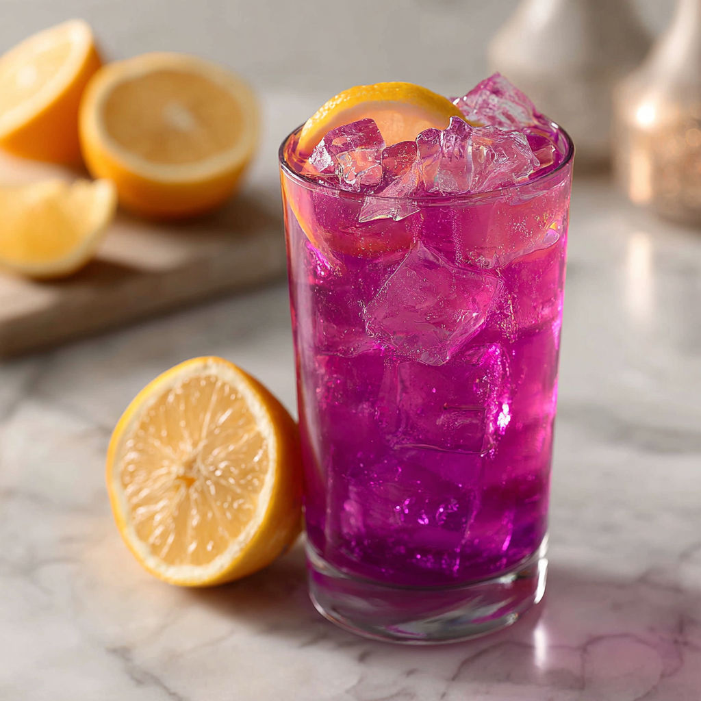 A glass of Witch's Sparkle Lemonade with a lemon wedge.