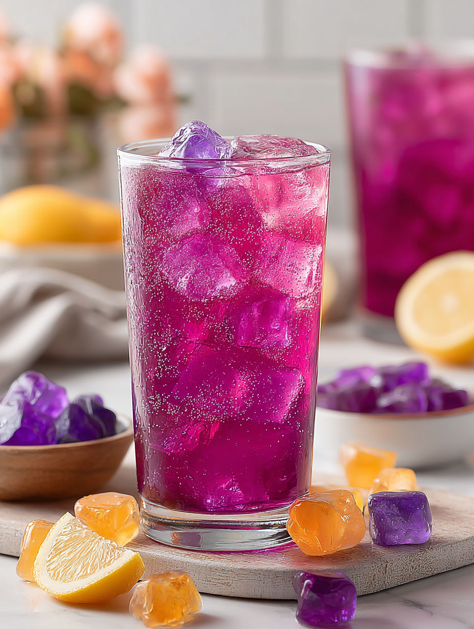 A glass of Witch's Sparkle Lemonade with purple ice cubes.