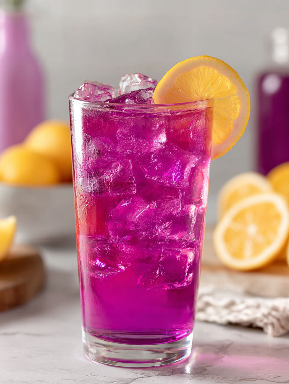 A glass of Witch's Sparkle Lemonade with a slice of lemon on the side.