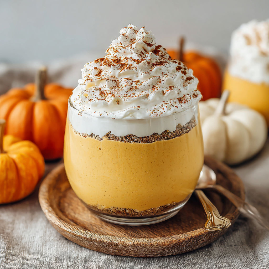 A glass of pumpkin mousse with whipped cream on top.