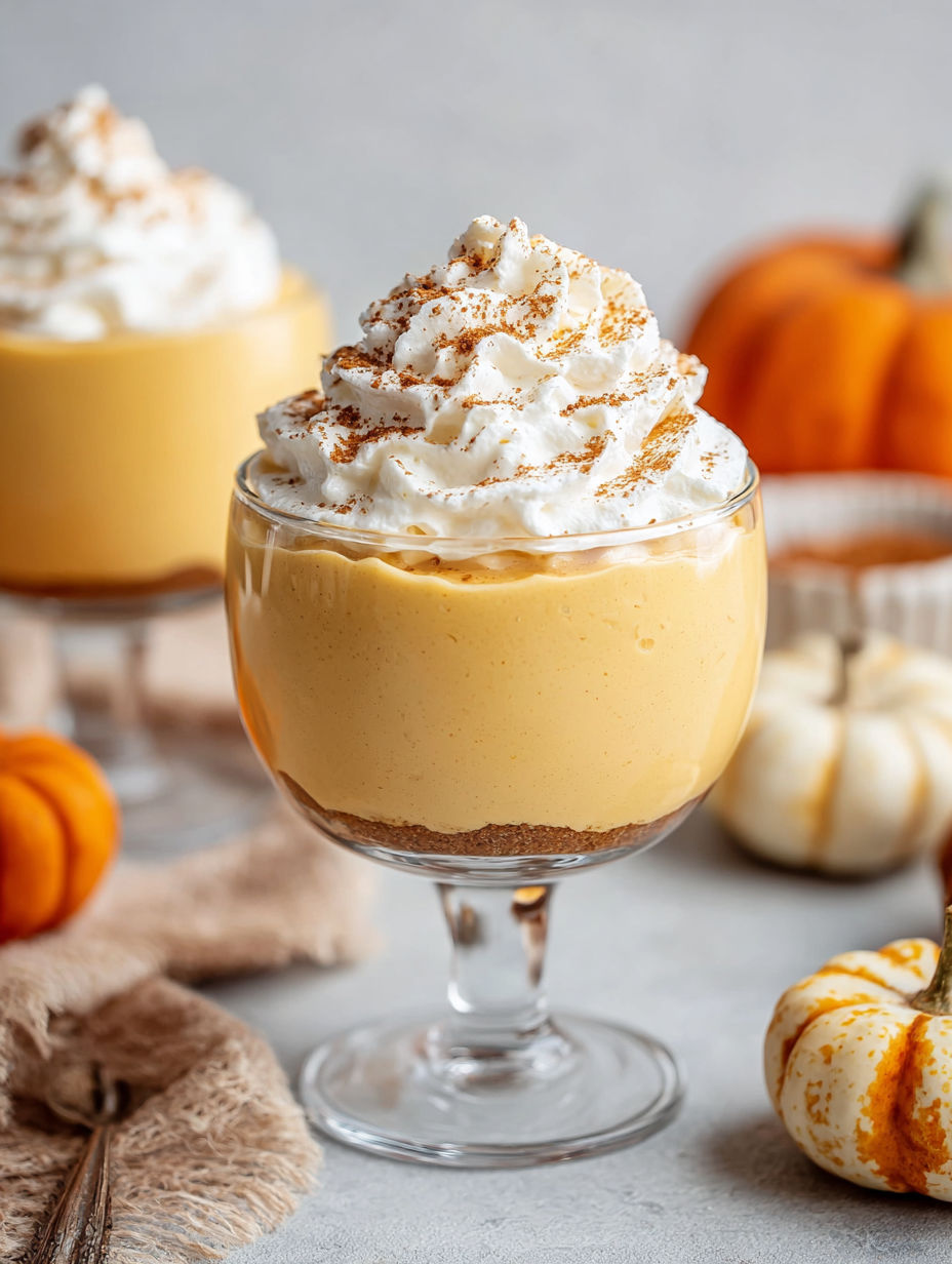 A glass of pumpkin mousse with whipped cream on top.