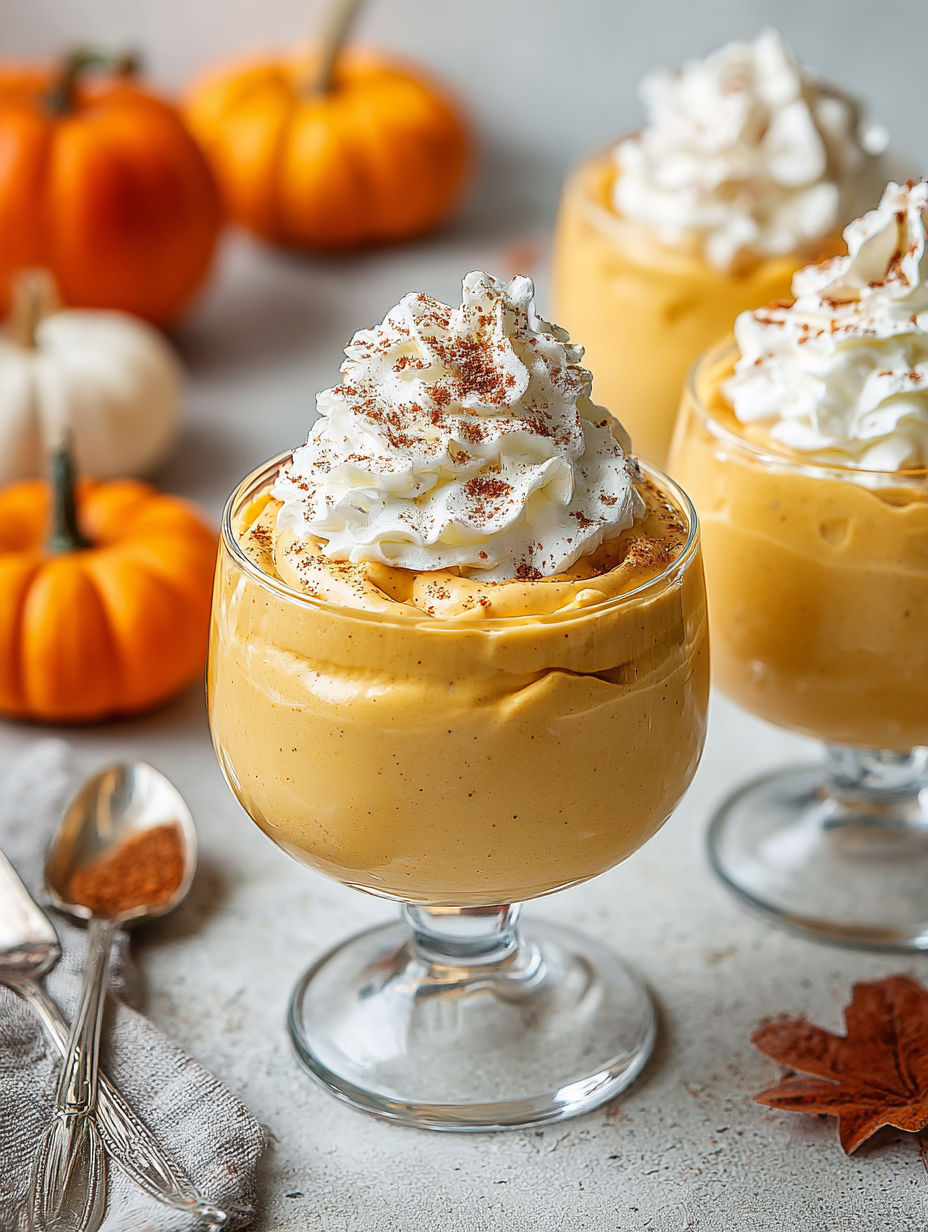 Two glasses of pumpkin mousse with whipped cream on top.