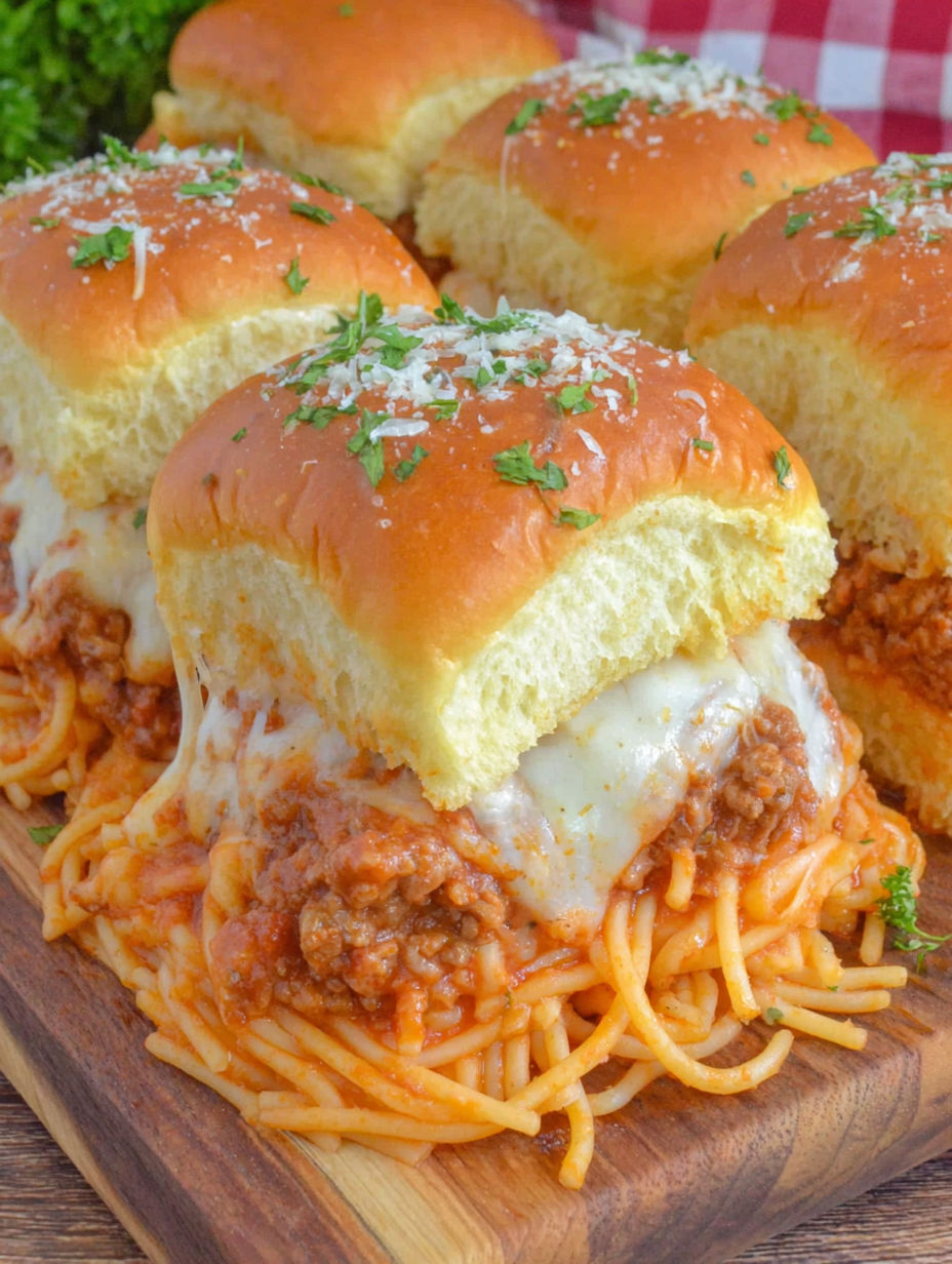 A plate of spaghetti sliders with cheese.