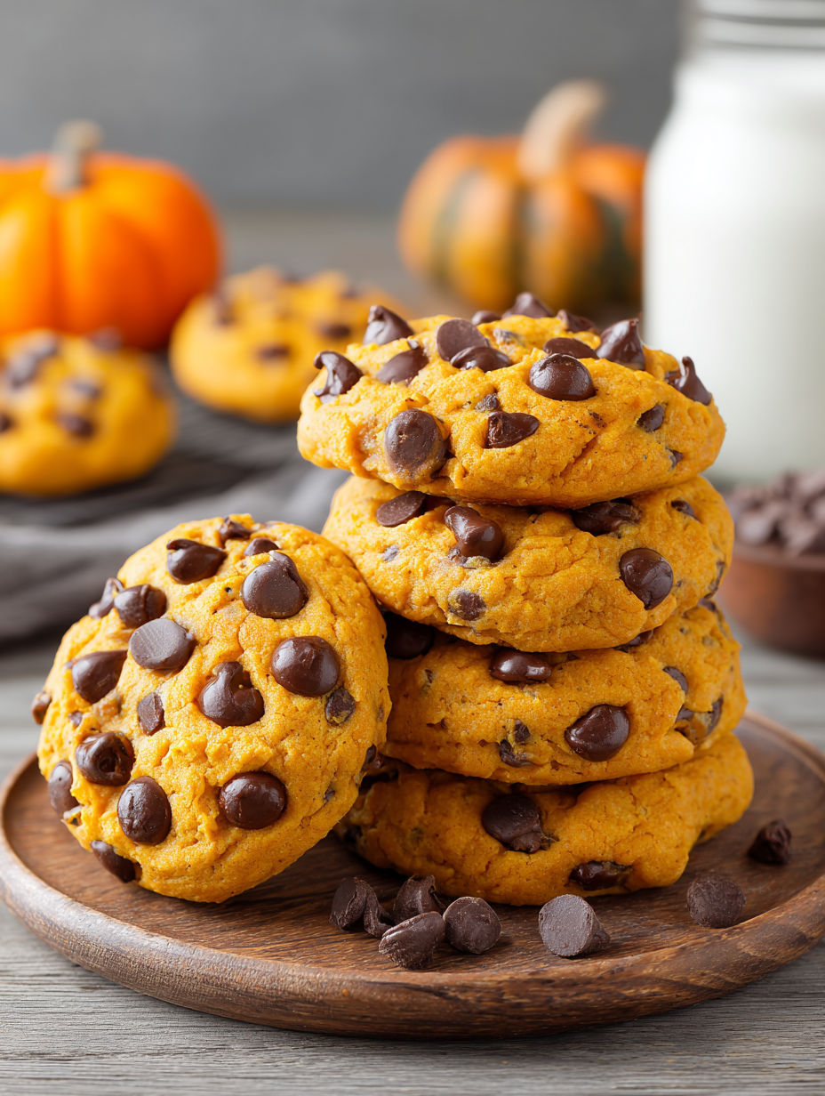 Pumpkin Chocolate Chip Cookies stacked on a wooden tray.