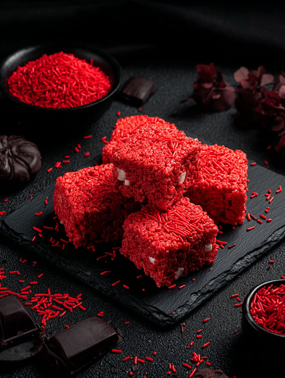 A close up of a red and white dessert.