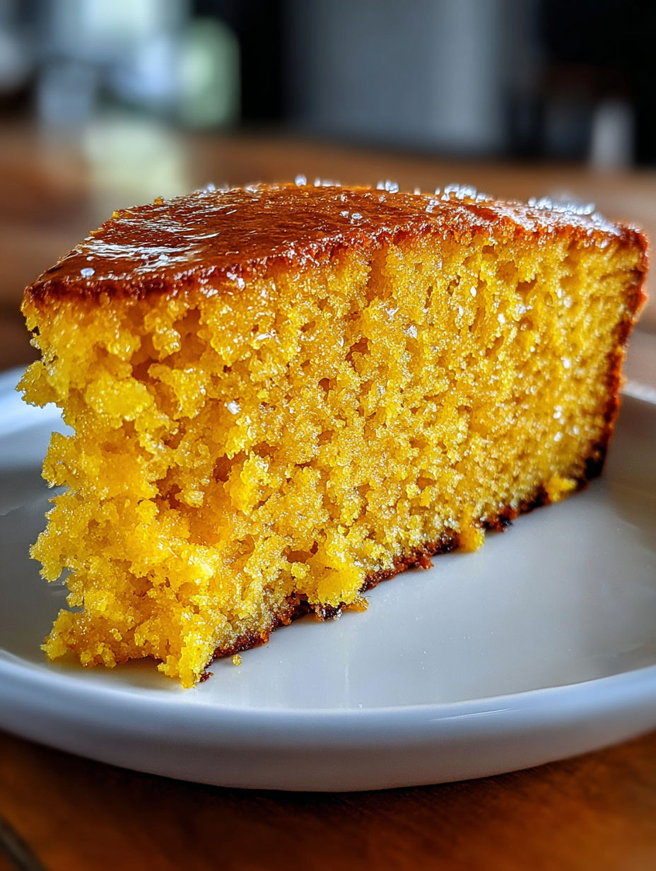 A slice of honey pumpkin cornbread on a plate.