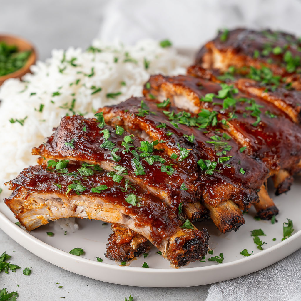 A plate of ribs with rice and herbs.