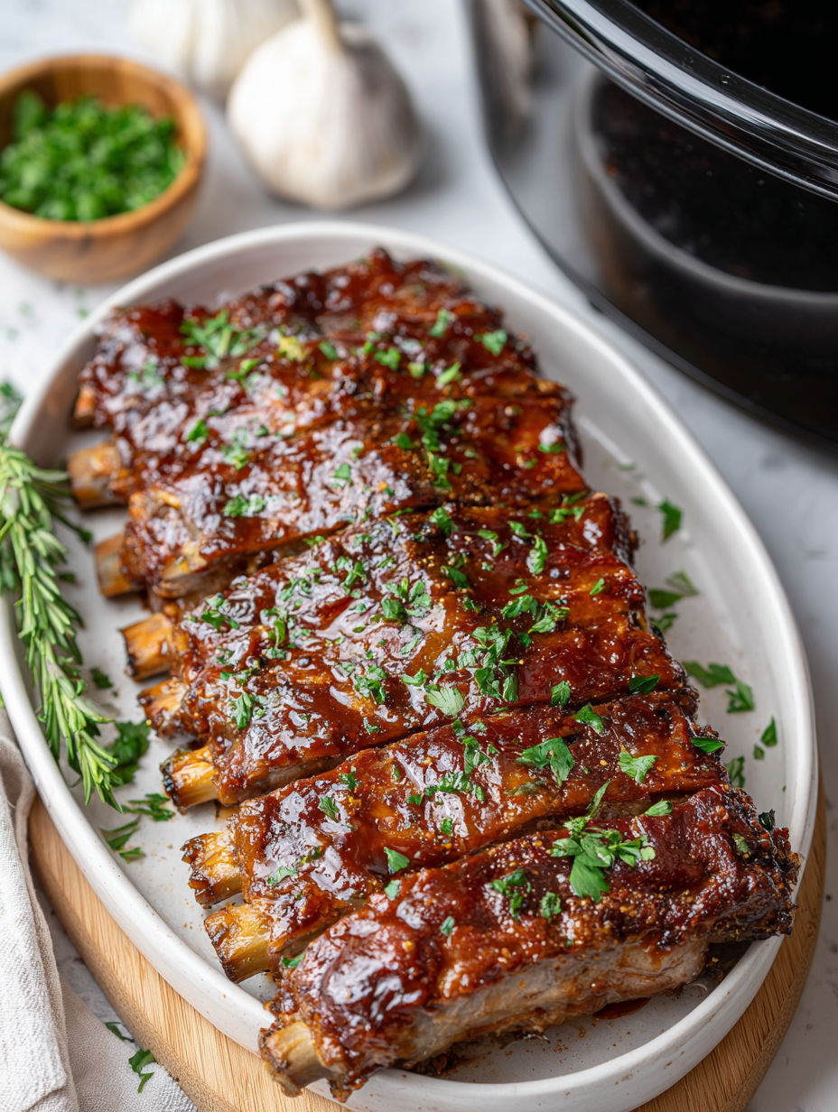 A plate of ribs with a bowl of herbs and spices.