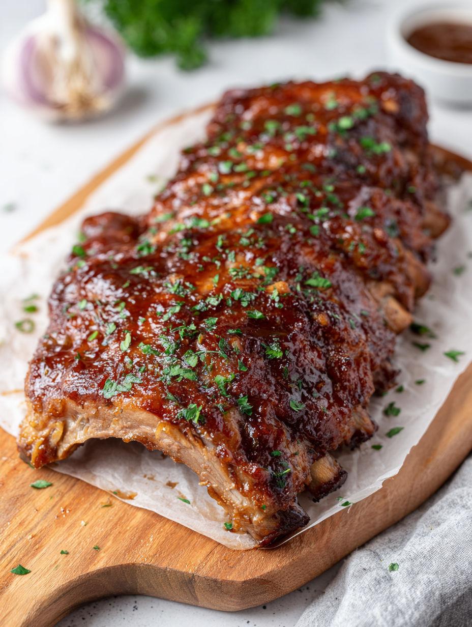 A ribs dish with a wooden board and a knife.