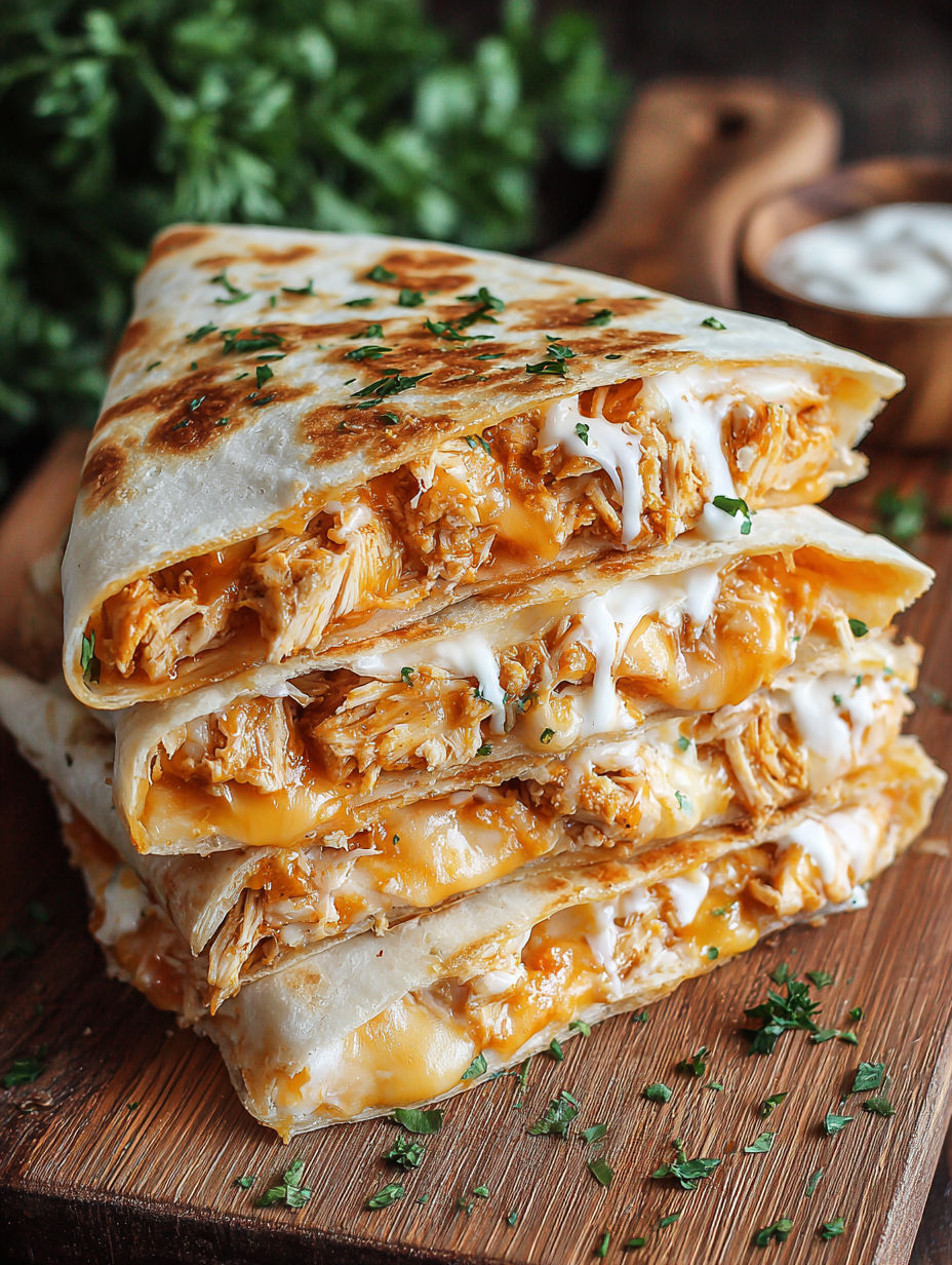 A stack of chicken sandwiches with white cheese.
