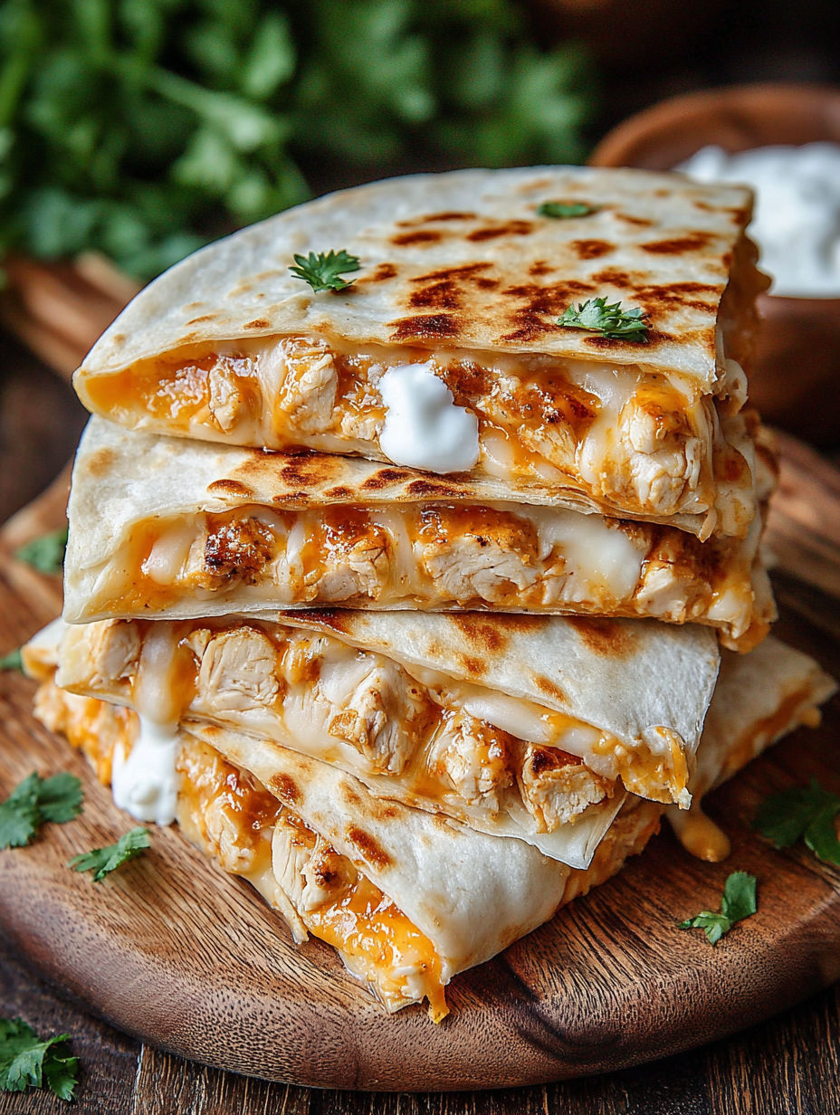 A stack of chicken enchiladas with white cheese on top.