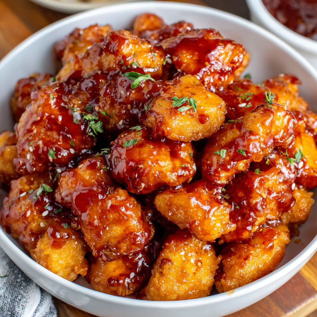 A bowl of orange chicken with sauce.