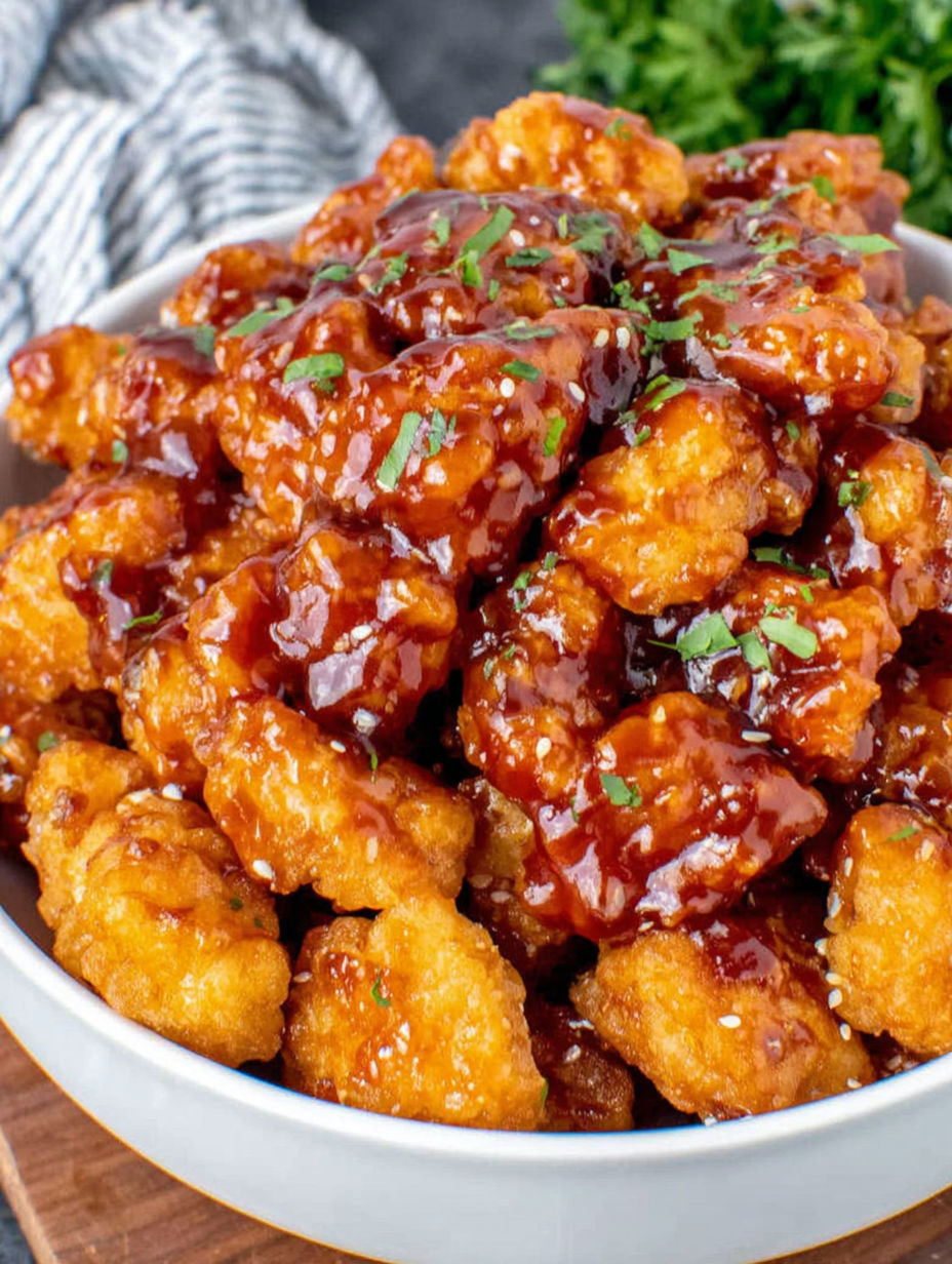 A bowl of chicken with sauce.