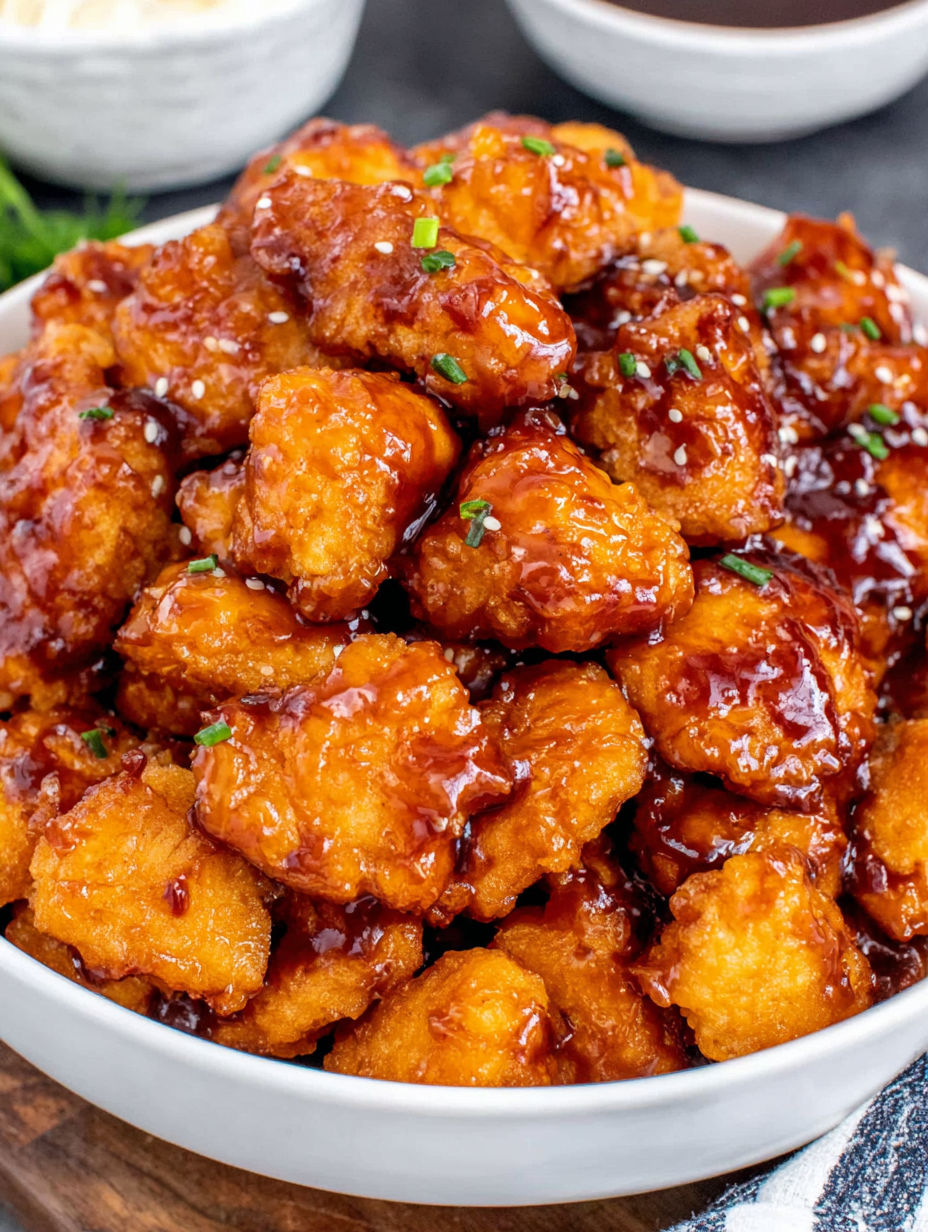 A bowl of orange chicken with sauce.