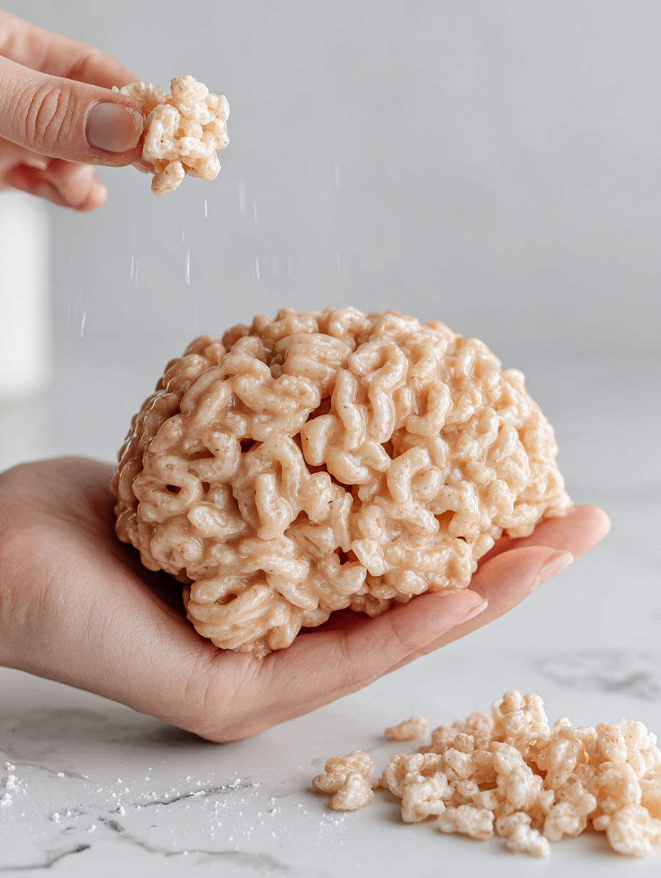 A hand holding a Rice Krispie treat shaped like a brain.