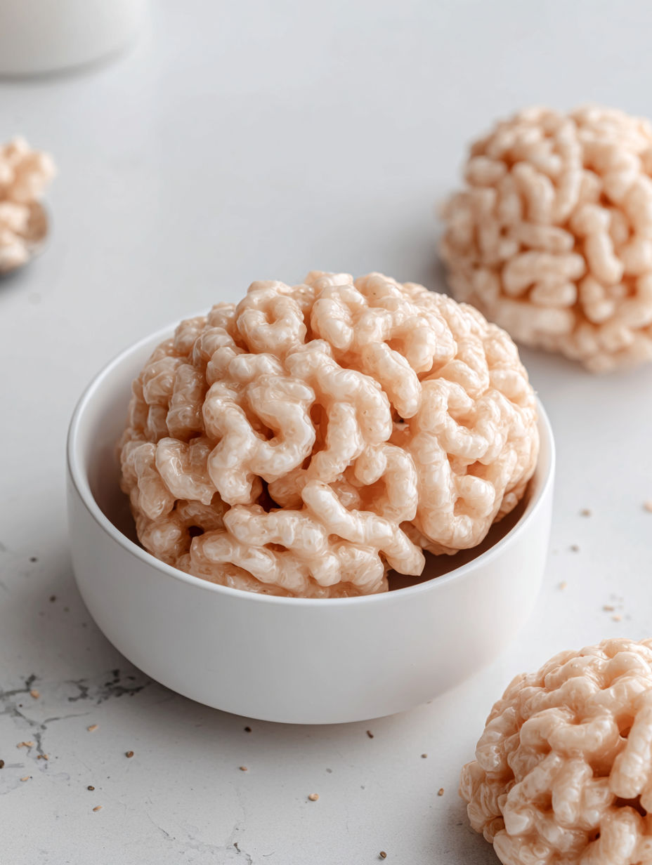 A bowl of rice krispie treats shaped like brains.
