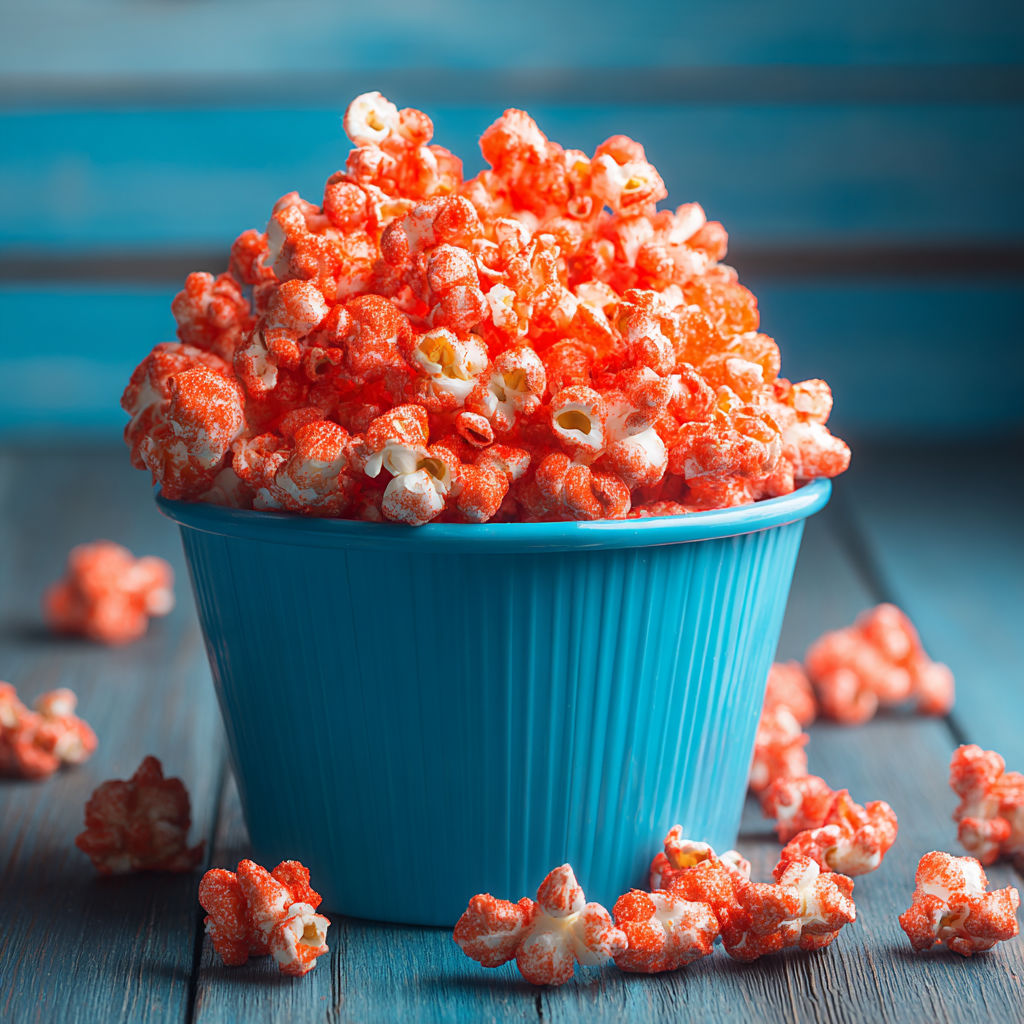 A blue bowl filled with red candy-coated popcorn.