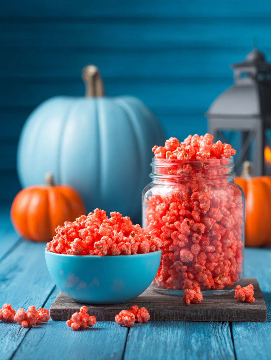 A bowl of red candy-coated popcorn sits on a table.