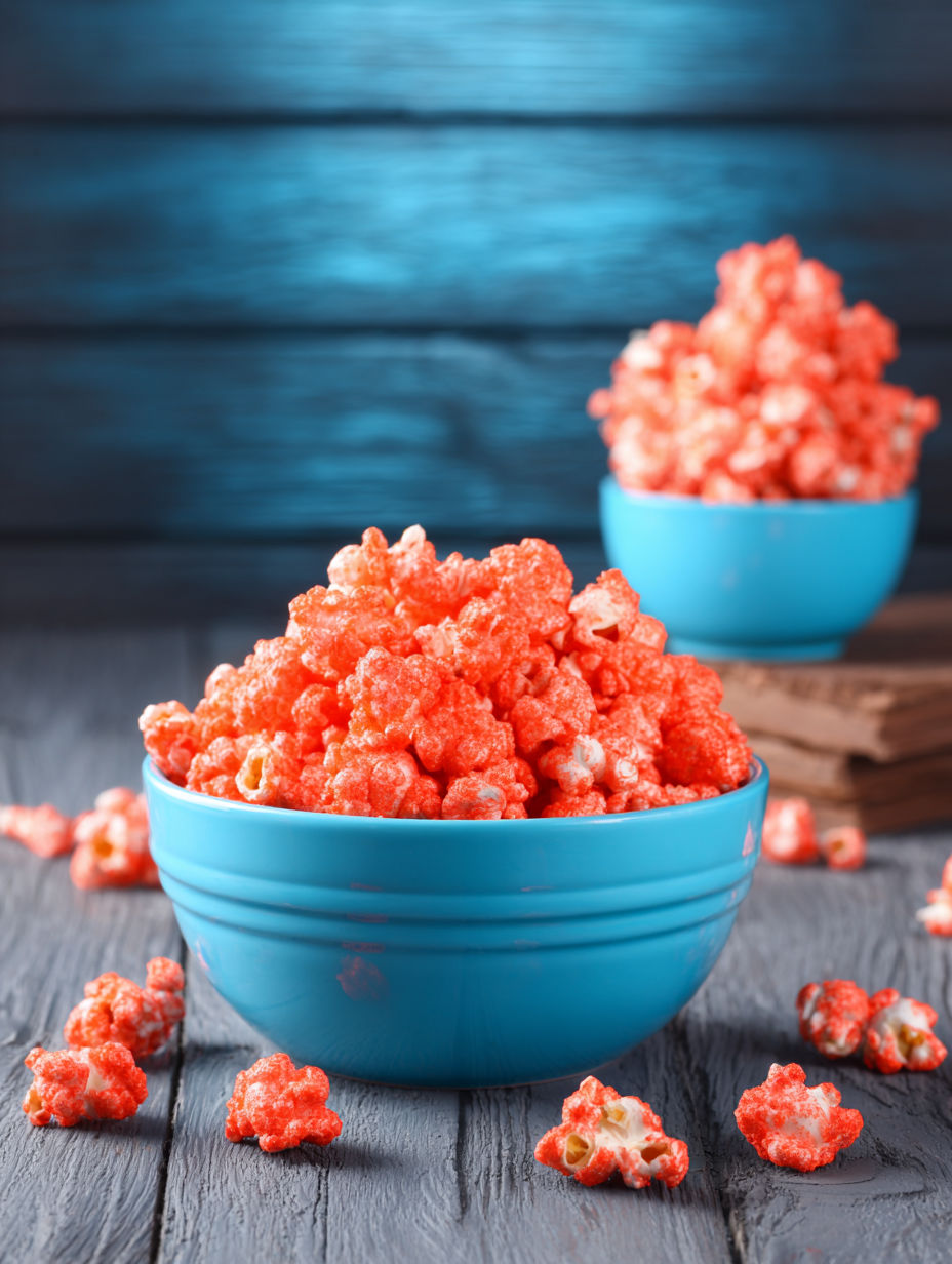 A bowl of red candy-coated popcorn.